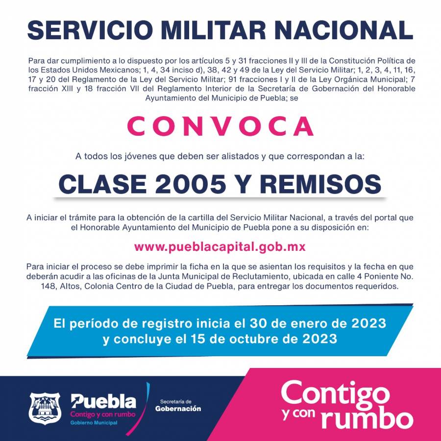 Convocan a jóvenes poblanos nacidos en 2005 y remisos a tramitar su cartilla militar