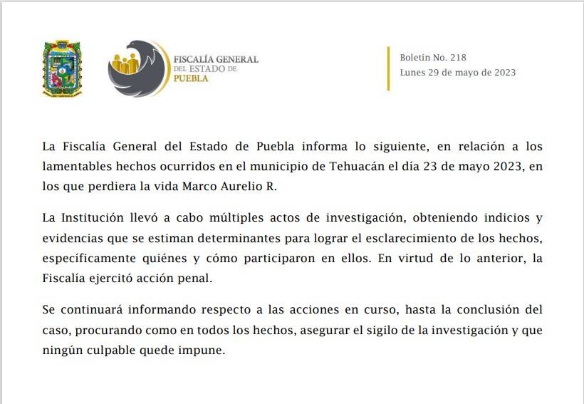 Fiscalía de Puebla logró establecer quiénes participaron en el homicidio de Marco Aurelio 