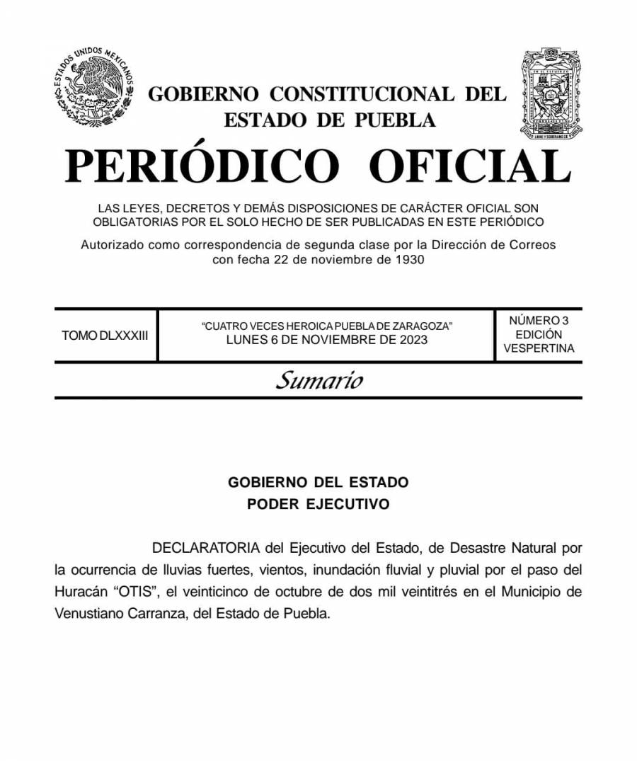Gobierno emite declaratoria oficial para Venustiano Carranza
