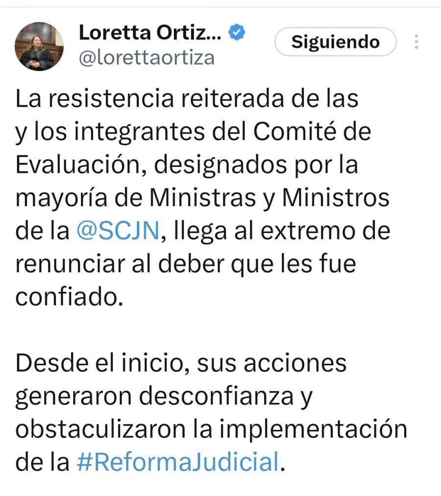 Ministra Ortiz acusa al Comité de Evaluación de obstaculizar Reforma Judicial