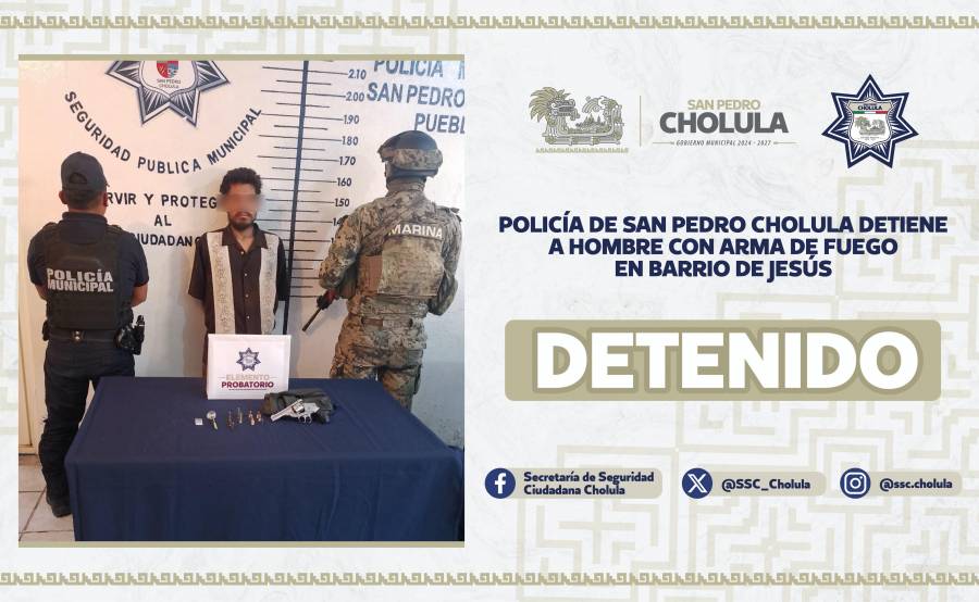 Policía de San Pedro Cholula detiene a hombre con arma de fuego en Barrio de Jesús