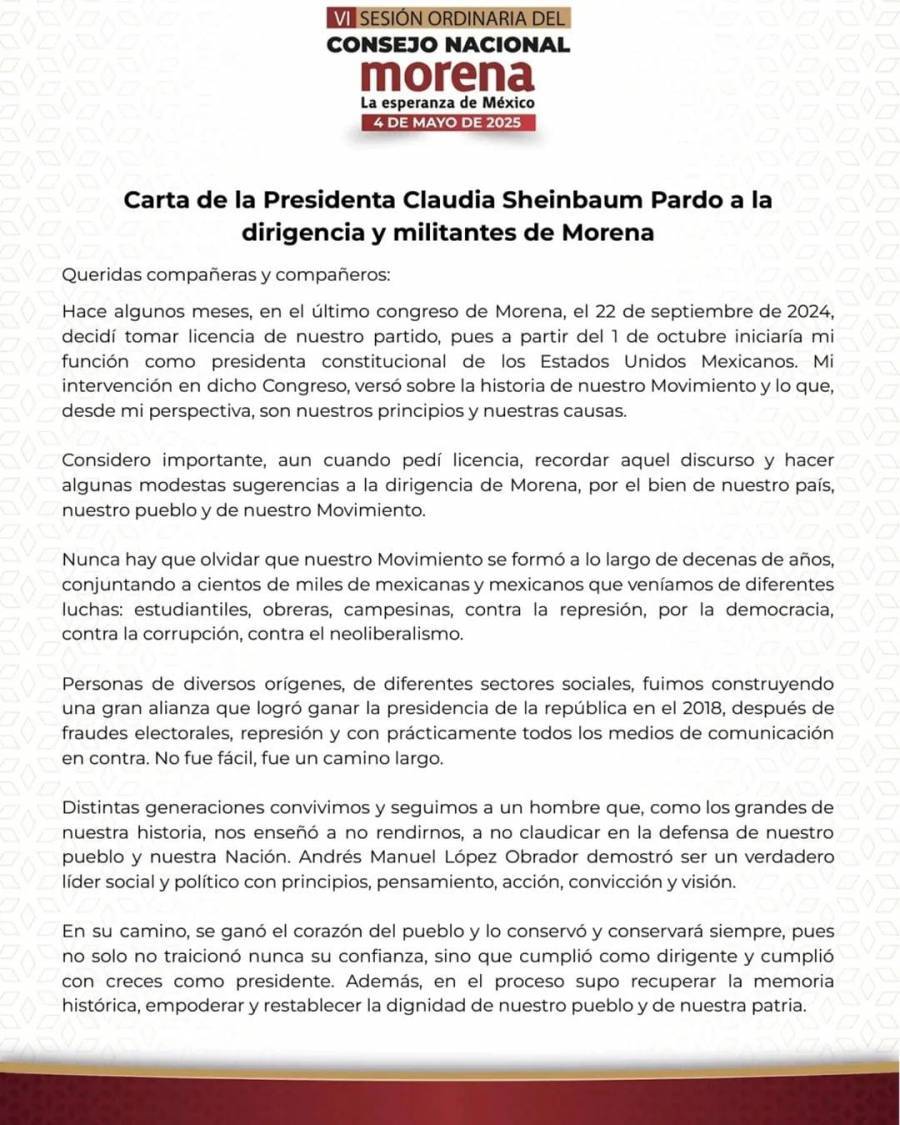 Sheinbaum llama a la unidad y a evitar el sectarismo y pragmatismo sin principios en carta enviada a Consejo Nacional de Morena