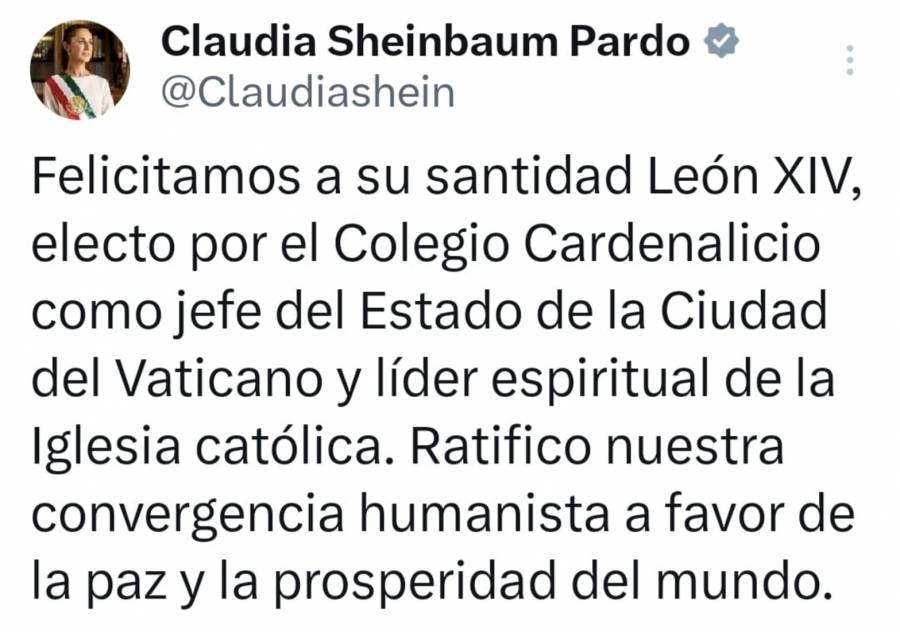 Sheinbaum felicita a León XIV por su elección como nuevo Papa y destaca coincidencias humanistas