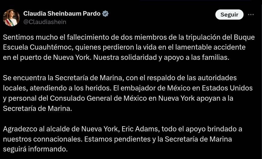 Presidenta Claudia Sheinbaum ordena atención inmediata a cadetes heridos y expresa condolencias