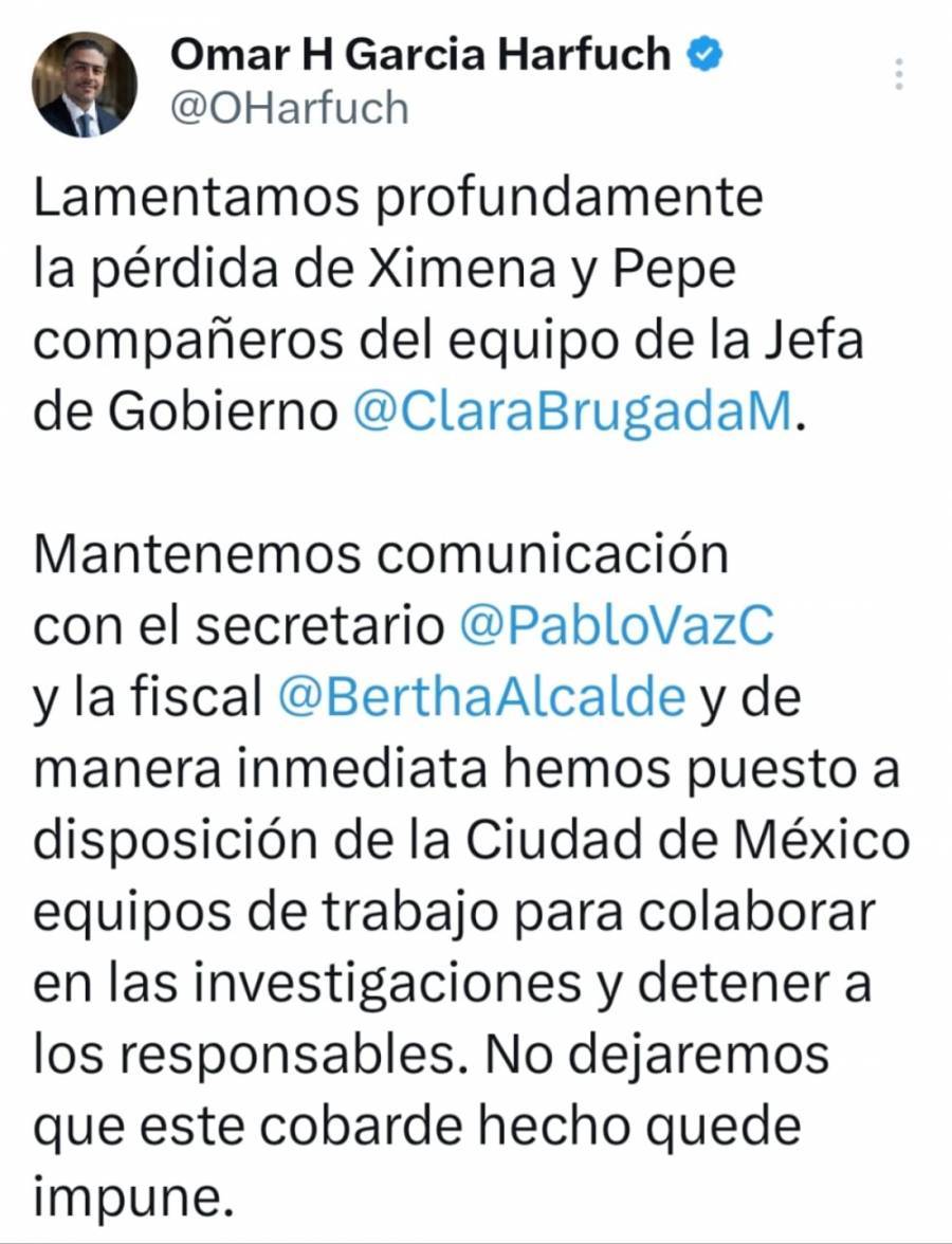 García Harfuch lamenta crimen de colaboradores de Brugada; 