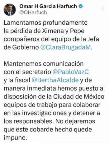 García Harfuch lamenta crimen de colaboradores de Brugada; 