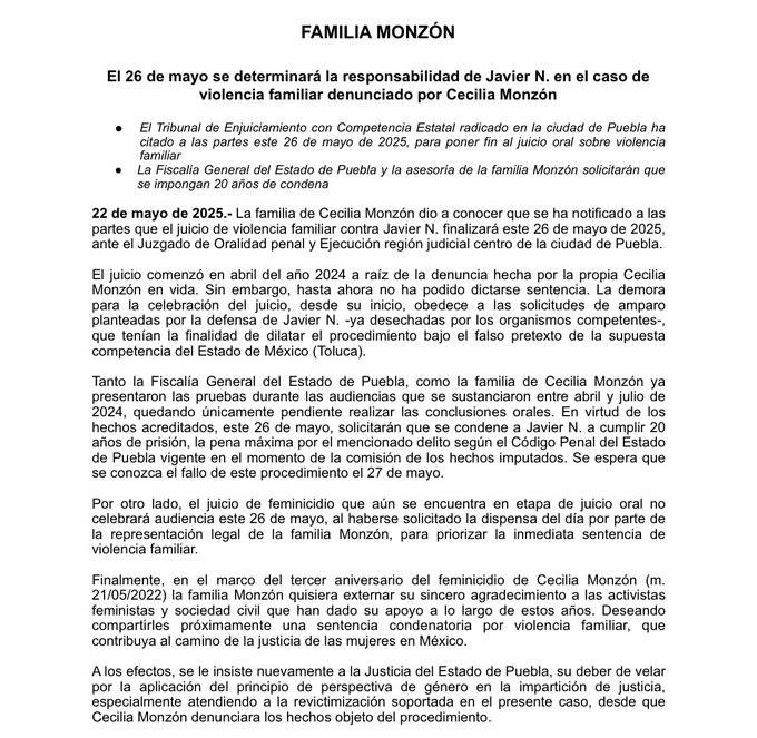 Familia Monzón pide 20 años de prisión para Javier N. por violencia familiar