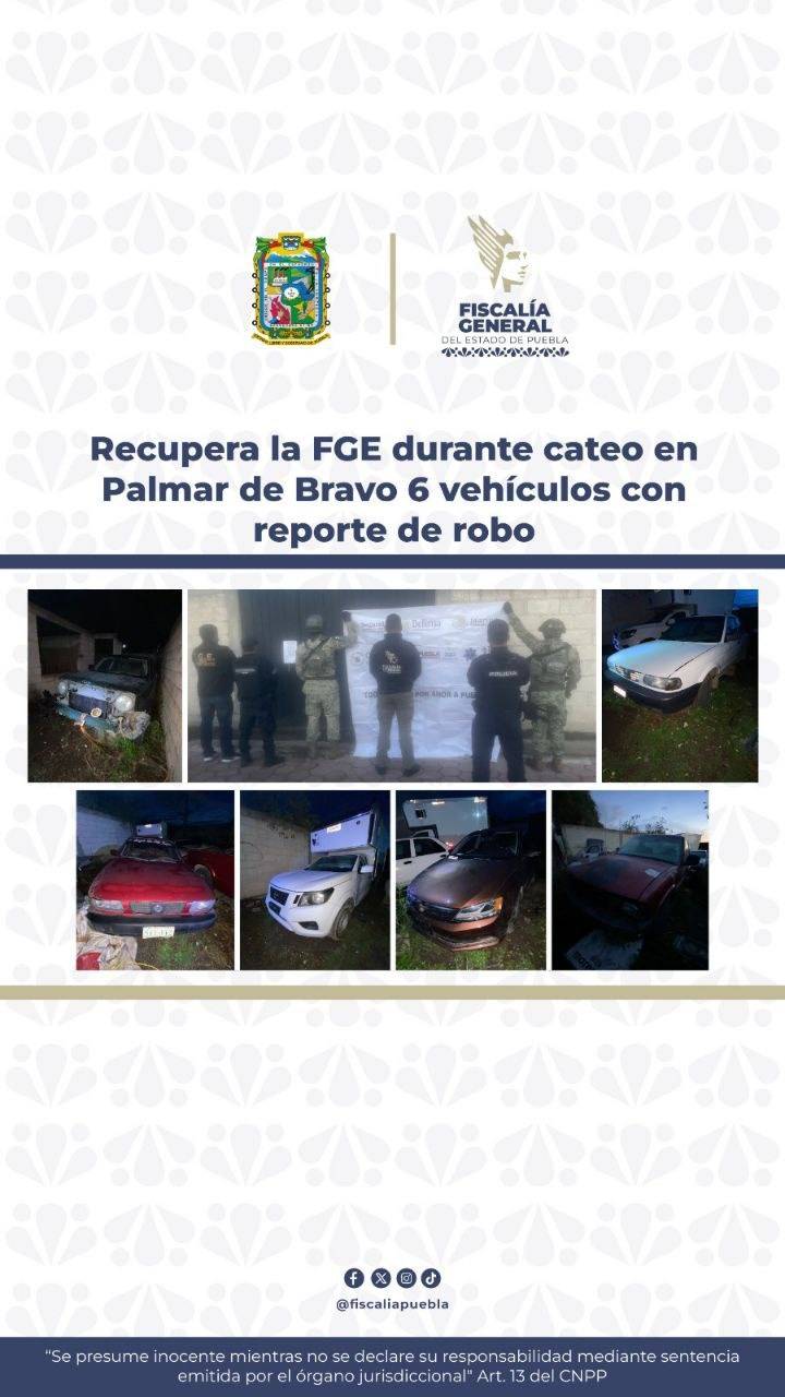 Recupera la FGE durante cateo en Palmar de Bravo 6 vehículos con reporte de robo
