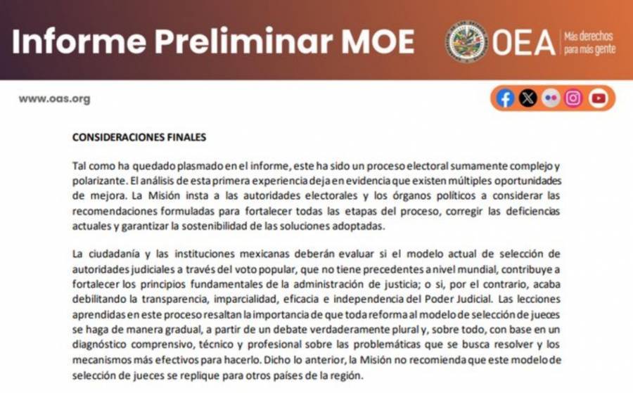 OEA se excede en sus atribuciones al oponerse a replicar elecciones judiciales como las de México: CSP