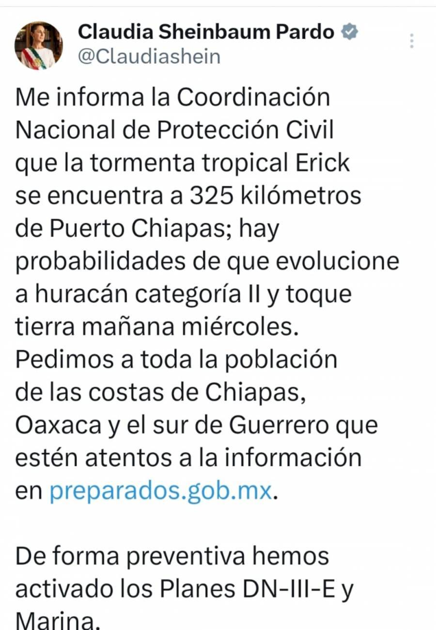 Desde Canadá, Sheinbaum alerta sobre tormenta tropical Erick