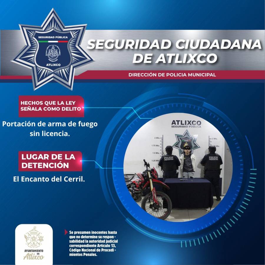 SSC de Atlixco detiene a individuo que portaba arma de fuego sin licencia