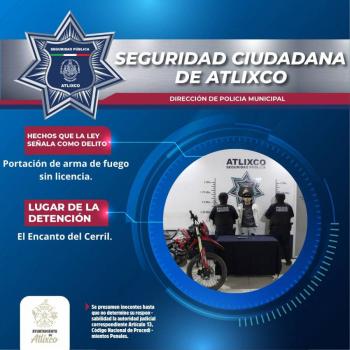 SSC de Atlixco detiene a individuo que portaba arma de fuego sin licencia