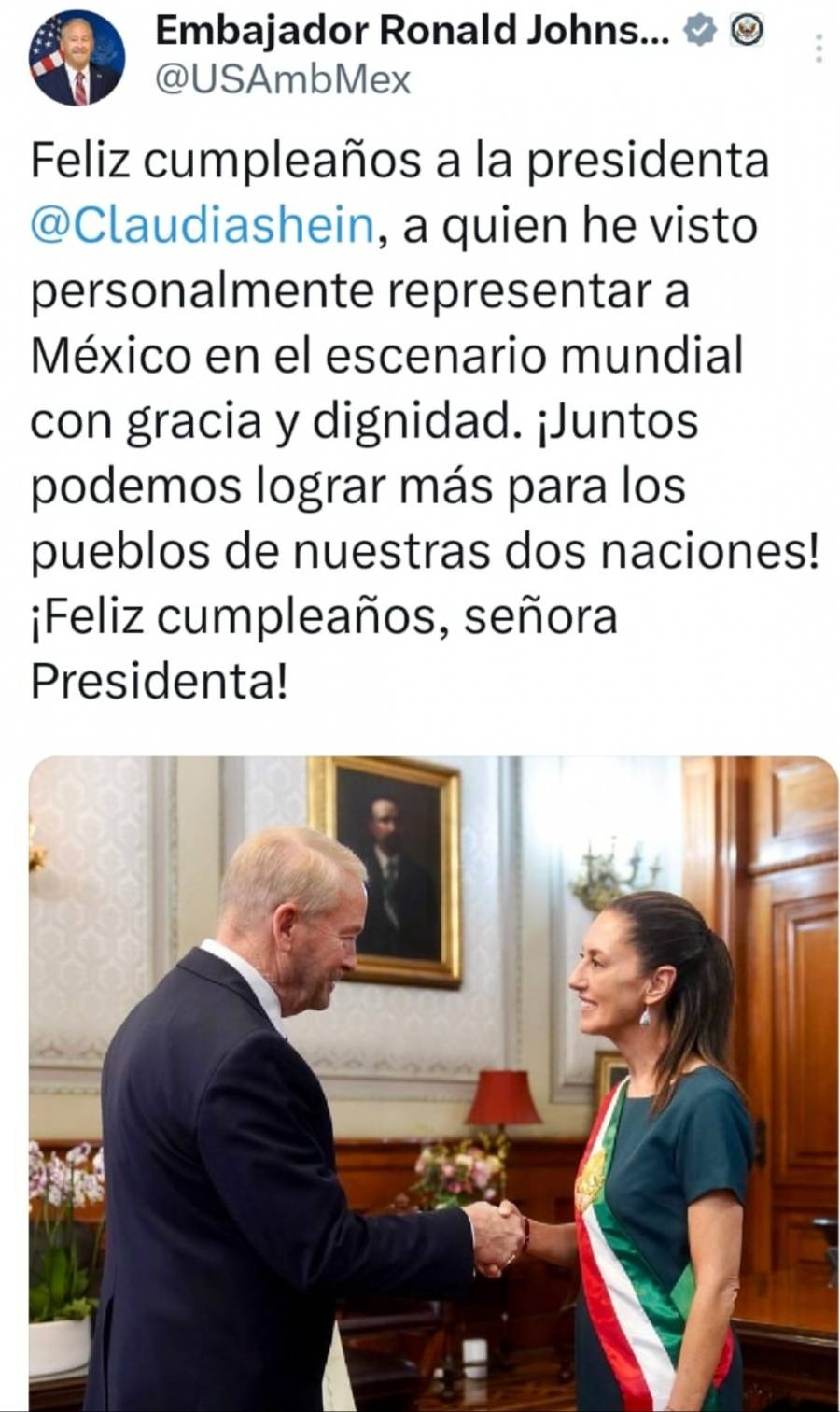 Embajador Ronald Johnson felicita a Sheinbaum por su cumpleaños y resalta su liderazgo internacional