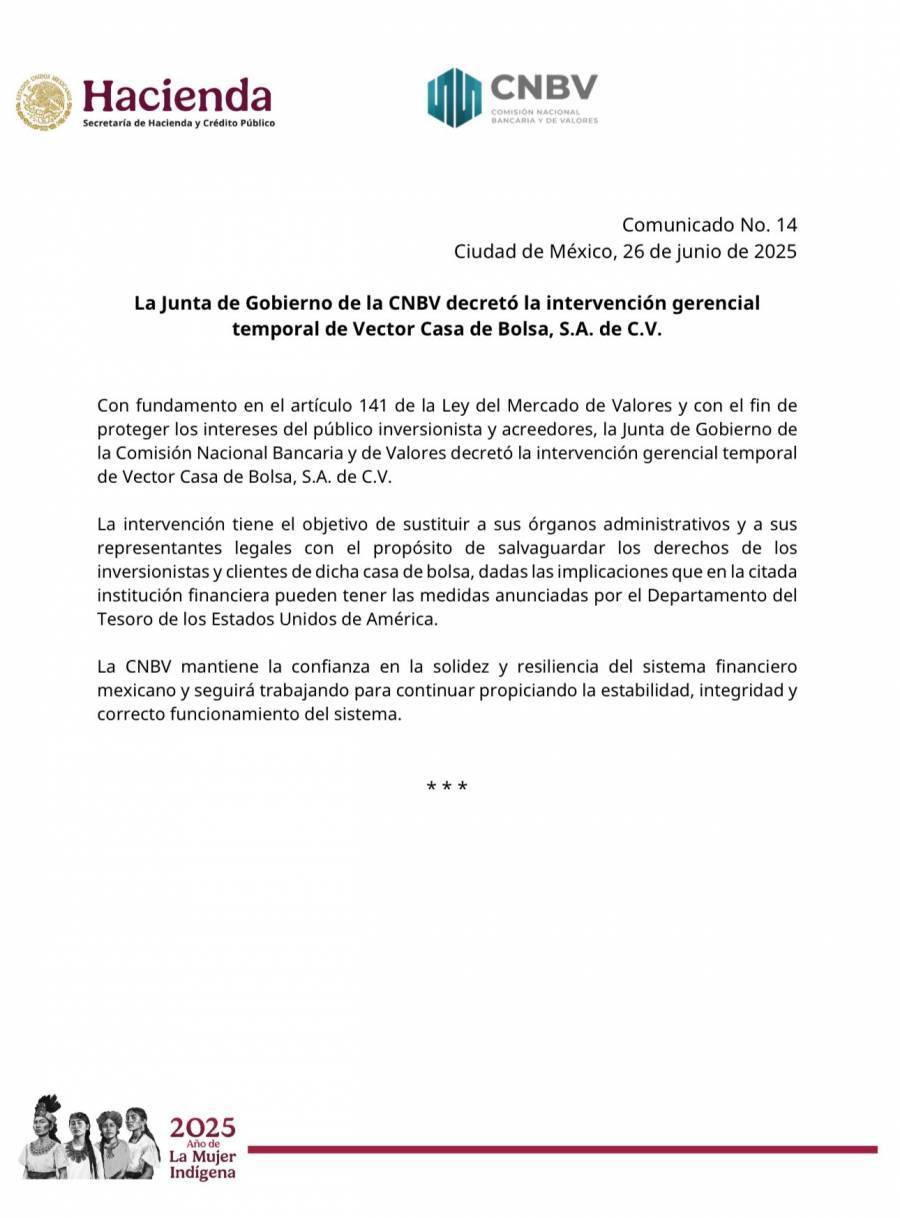 Presidenta respalda intervención temporal a bancos y casa de bolsa para no afectar sistema financiero