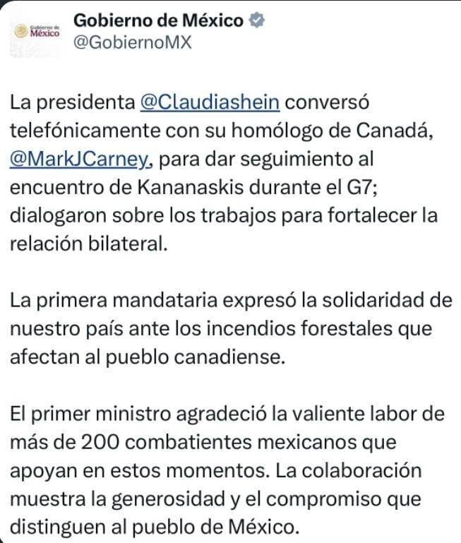 Presidenta de México y primer ministro de Canadá sostienen diálogo; Carney agradece apoyo ante incendios forestales