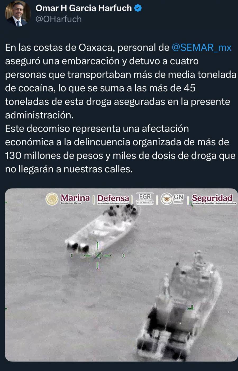 Incautan media tonelada de cocaína frente a costas de México