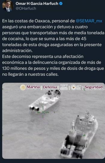 Incautan media tonelada de coca&iacute;na frente a costas de M&eacute;xico