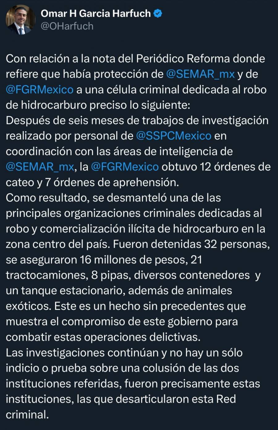 Desmienten presunto encubrimiento a líder huachicolero; operativo fue resultado de meses de investigación