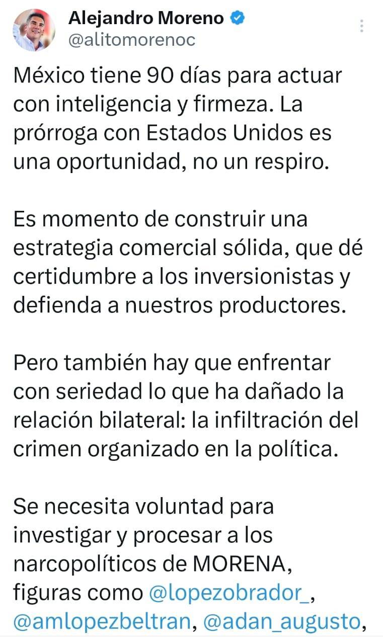 Alito Moreno pide actuar con firmeza ante prórroga con EU y exige investigar a 