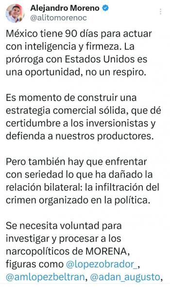 Alito Moreno pide actuar con firmeza ante pr&oacute;rroga con EU y exige investigar a 