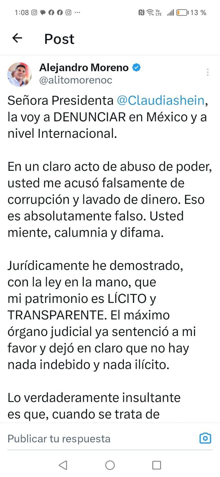 Alito Moreno anuncia que denunciar&aacute; a Claudia Sheinbaum por presuntas calumnias