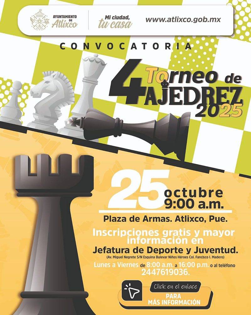 Ariadna Ayala invita al Cuarto Torneo de Ajedrez 2025 en Atlixco.