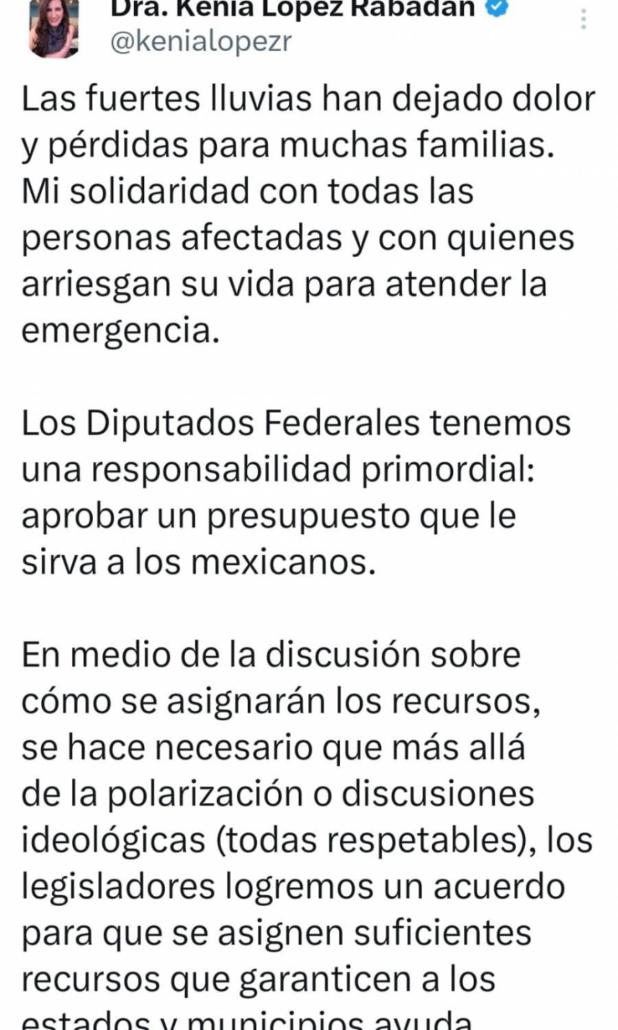 Se deben asignar recursos suficientes para apoyar a los damnificados por lluvias, afirma Kenia L&oacute;pez Rabad&aacute;n