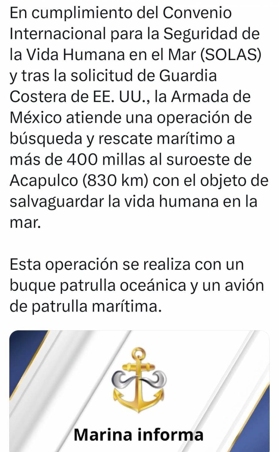 Semar opera rescate de presunto sobreviviente del ataque de EU en aguas internacionales: Sheinbaum