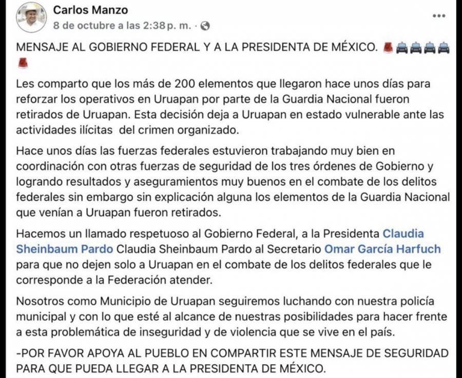 Alcalde de Uruapan denunci&oacute; retiro de fuerzas federales en octubre que dej&oacute; vulnerable al municipio