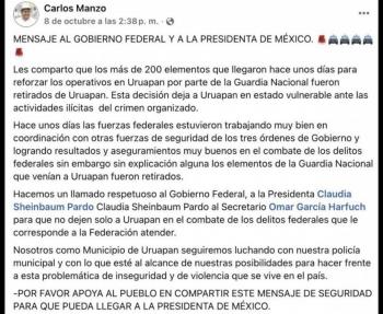 Alcalde de Uruapan denunci&oacute; retiro de fuerzas federales en octubre que dej&oacute; vulnerable al municipio