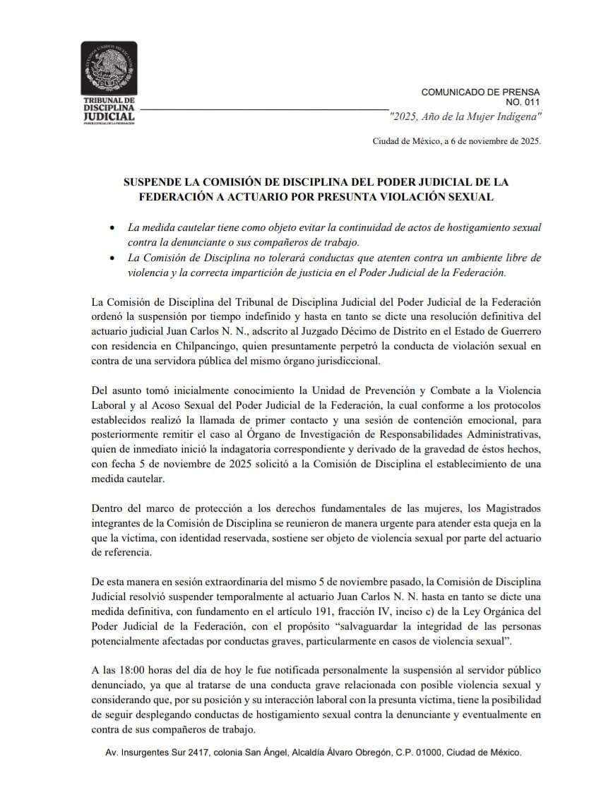 Suspenden a actuario del Poder Judicial por presunta violaci&oacute;n sexual en Guerrero