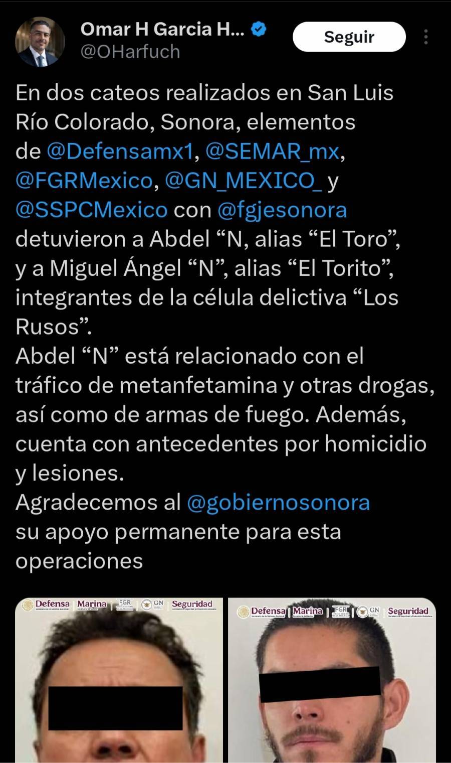 Detienen a presuntos integrantes de “Los Rusos” durante operativos en Sonora