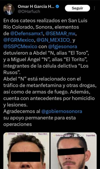 Detienen a presuntos integrantes de “Los Rusos” durante operativos en Sonora