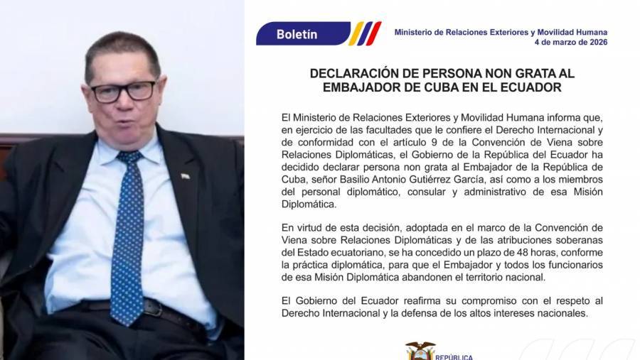 Ecuador declara persona “non grata” al embajador de Cuba y ordena su salida en 48 horas