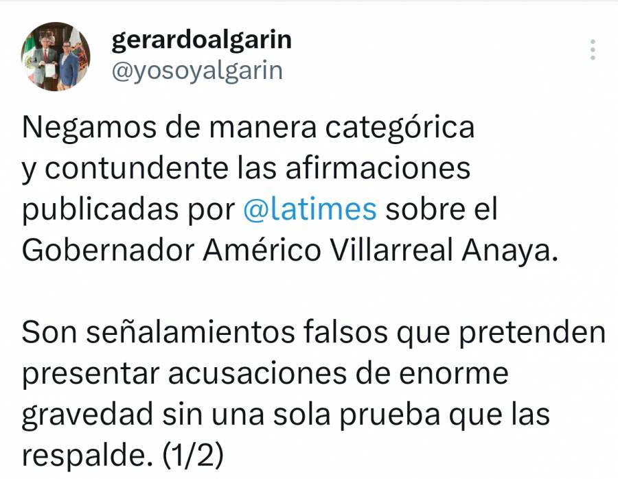 Gobierno de Tamaulipas rechaza acusaciones contra Am&eacute;rico Villarrea; las califica de falsas