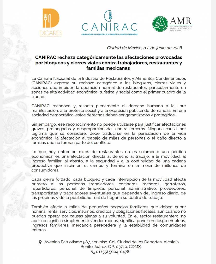 CANIRAC advierte impacto econ&oacute;mico y laboral en restaurantes por bloqueos de la CNTE