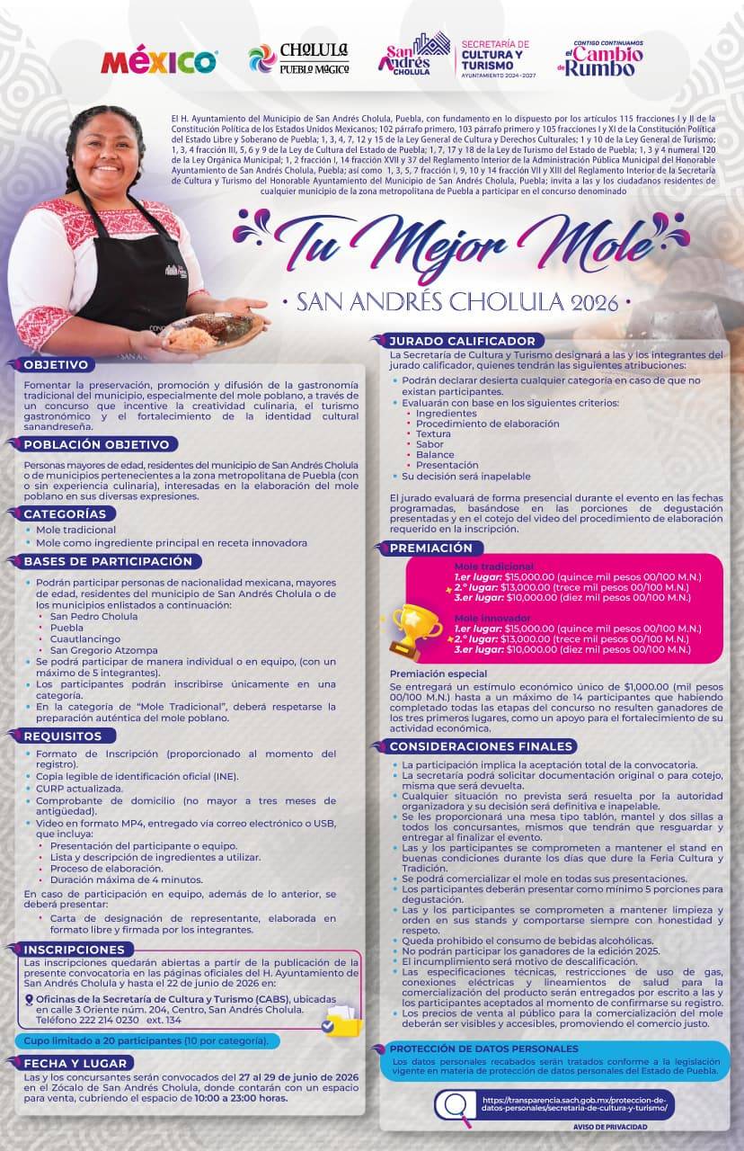 Tradici&oacute;n, sabor y premios: Ayuntamiento de San Andr&eacute;s Cholula invita a participar en el concurso “Tu Mejor Mole