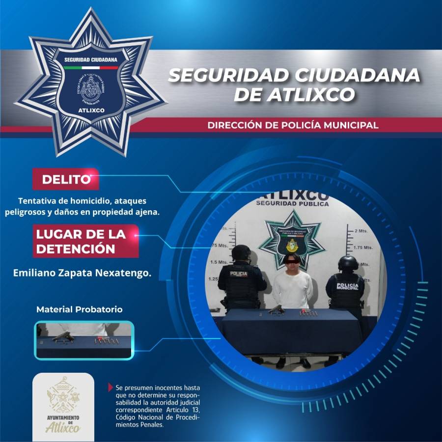 Polic&iacute;as de Atlixco detienen a sujeto por tentativa de homicidio y portaci&oacute;n de arma de fuego