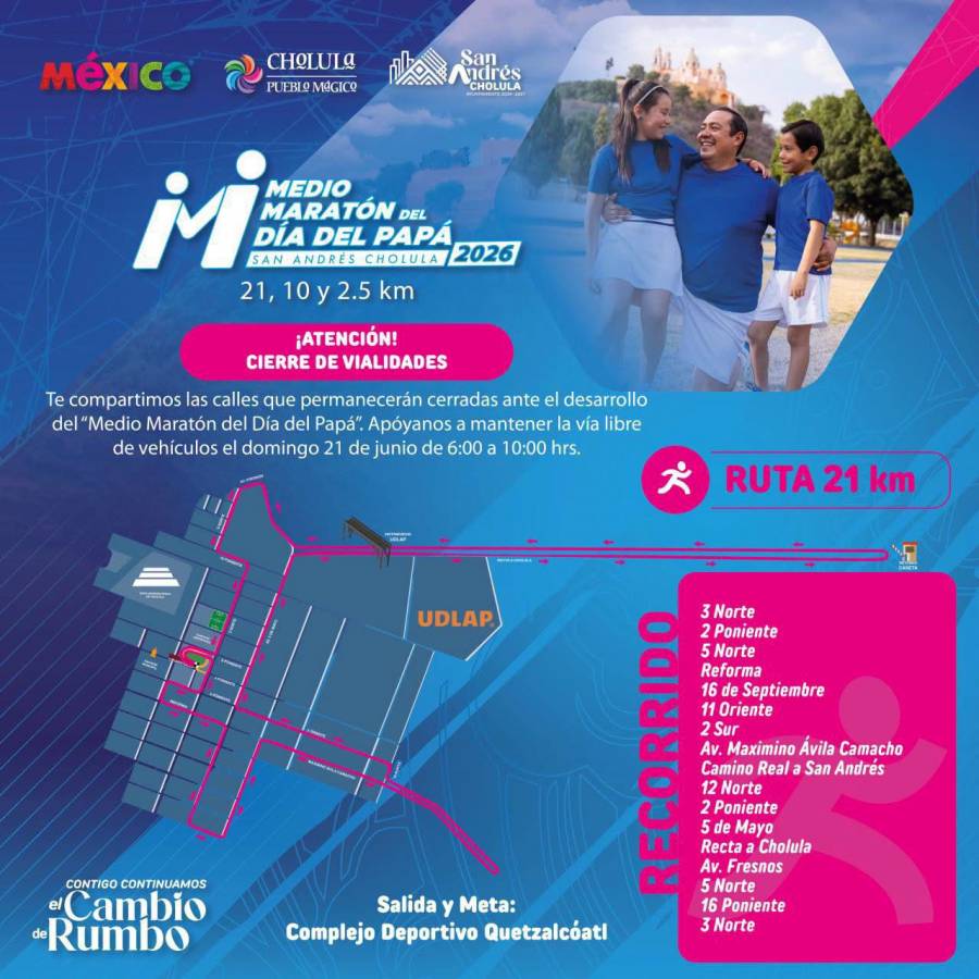 Anuncia Gobierno de San Andr&eacute;s Cholula cierres viales por el Medio Marat&oacute;n del D&iacute;a del Pap&aacute; 2026