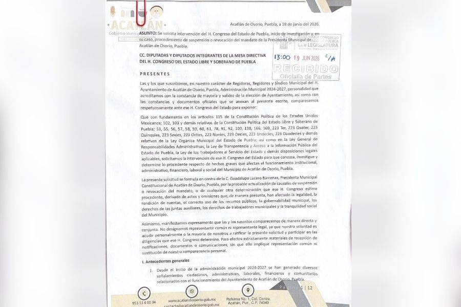 Regidores de Acatl&aacute;n presentan revocaci&oacute;n de mandato contra alcaldesa
