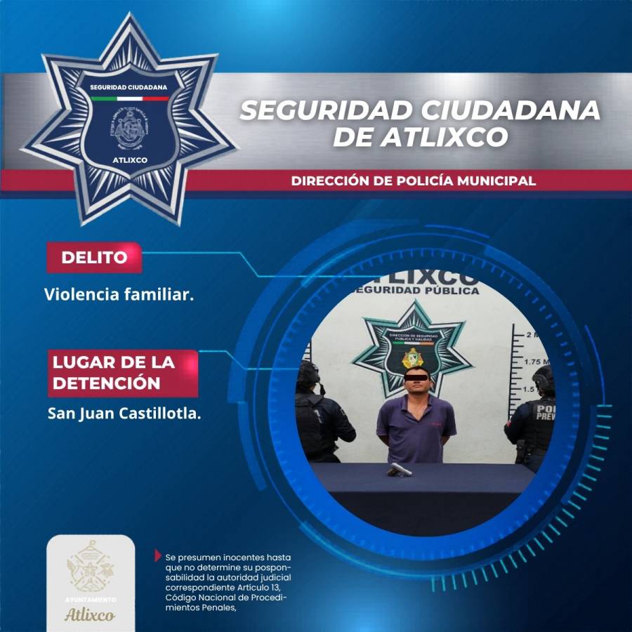 Detienen a hombre en Atlixco por violencia familiar y aseguran arma de fuego