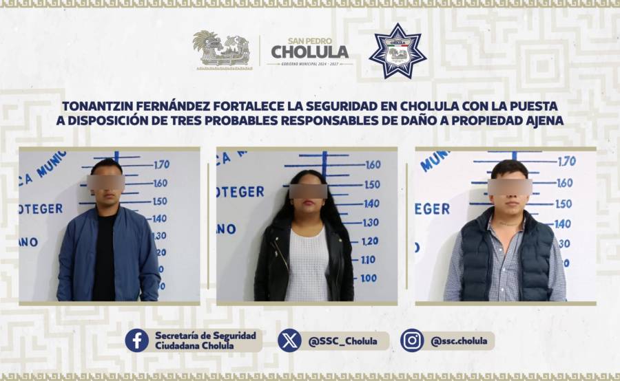 Tonantzin Fern&aacute;ndez fortalece la seguridad en Cholula con la puesta a disposici&oacute;n de tres probables responsables de da&ntilde;o a propiedad ajena