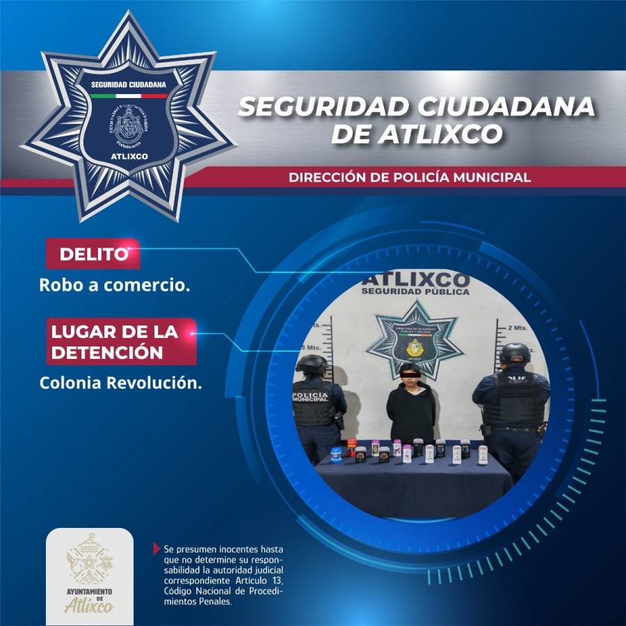 Detiene Polic&iacute;a Municipal de Atlixco a hombre por robo en comercio