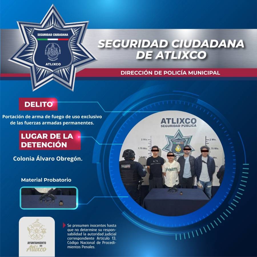 Aseguran a 4 en Atlixco; cargaban arma de uso exclusivo del Ej&eacute;rcito