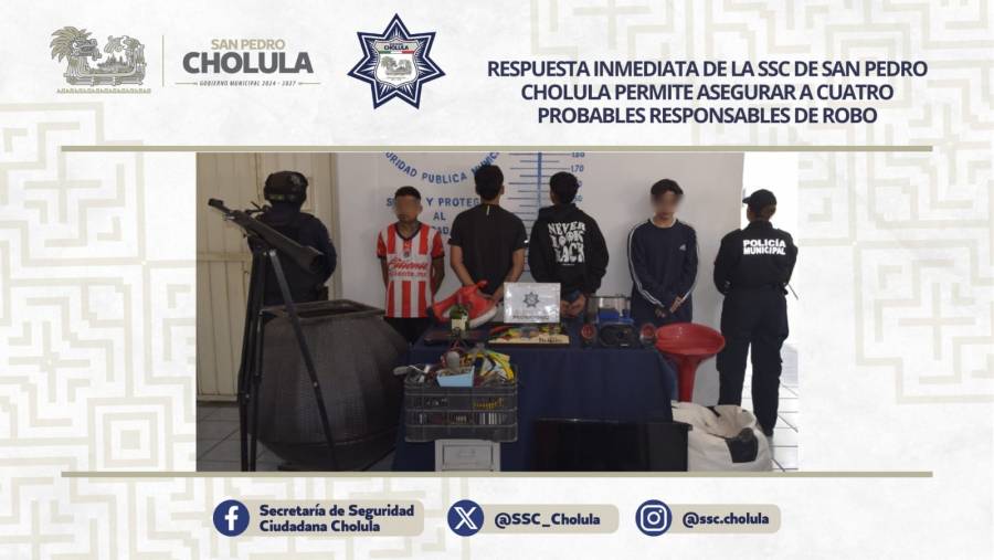 Respuesta inmediata de la SSC de San Pedro Cholula permite asegurar a cuatro probables responsables de robo