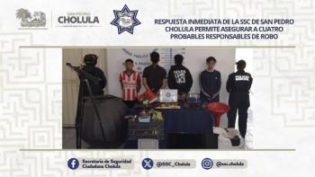Respuesta inmediata de la SSC de San Pedro Cholula permite asegurar a cuatro probables responsables de robo