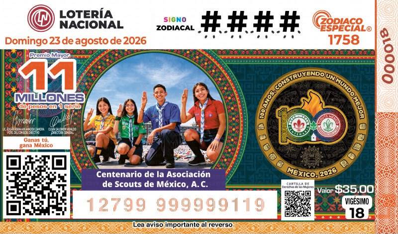 Celebra Loter&iacute;a Nacional el Centenario de los Scouts en M&eacute;xico y su historia de formaci&oacute;n en ni&ntilde;as, ni&ntilde;os y j&oacute;venes