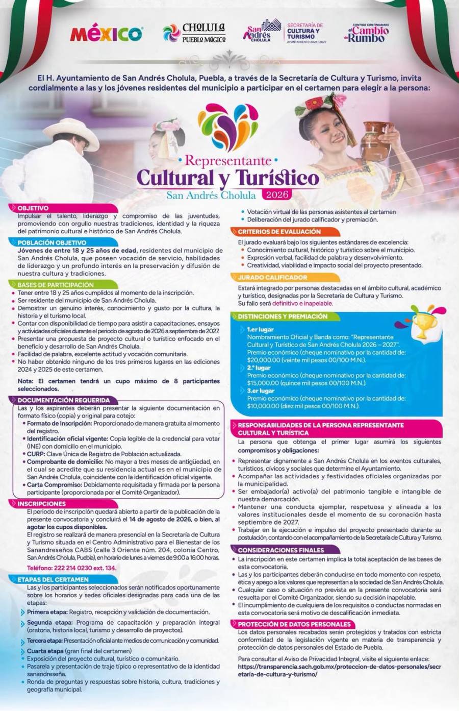 Invita Gobierno de San Andr&eacute;s Cholula a participar en el certamen Representante Cultural y Tur&iacute;stico 2026