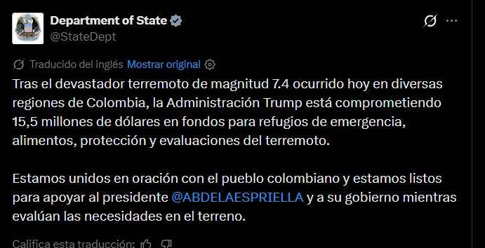 Estados Unidos anuncia ayuda de 15.5 millones de d&oacute;lares para Colombia tras devastador terremoto