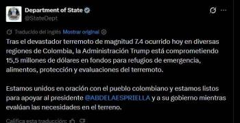 Estados Unidos anuncia ayuda de 15.5 millones de d&oacute;lares para Colombia tras devastador terremoto